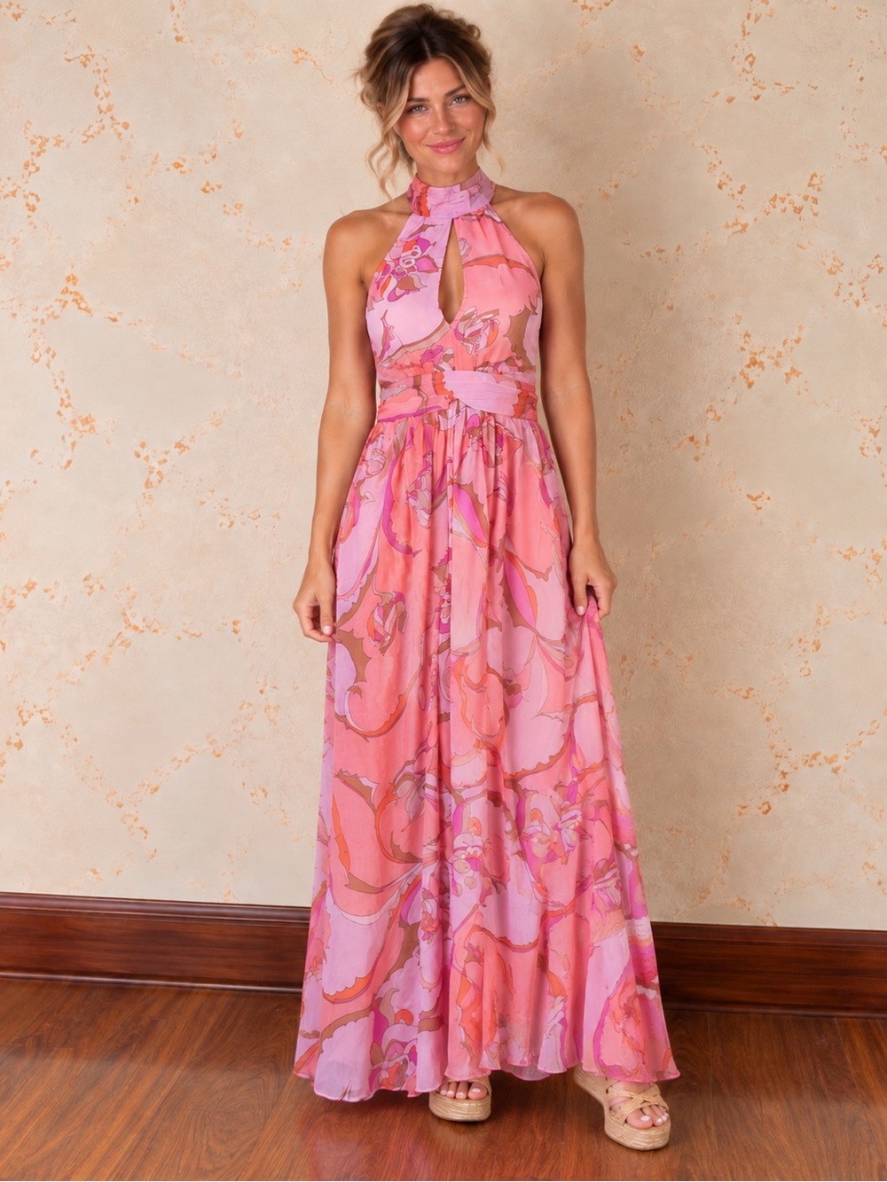 Anthropologie Maeve Cutout Halter Maxi Dress Pink XL Worn Once!